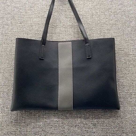 Vince Camuto Tote Black Faux Leather Shoulder‎ Bag Gray Striped - Picture 1 of 8